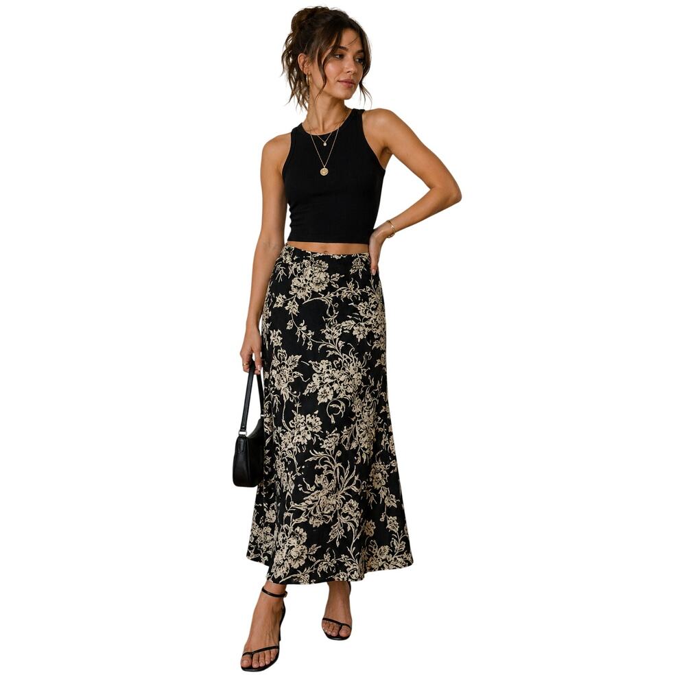 Josephine Chaus Collection Black & Taupe Floral Midi Skirt – Size 8